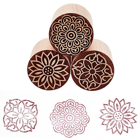 OLYCRAFT 3 Pcs 3-Style Wood Stamp Flower Shape Wood Pottery Tools Stamps 2 Inch Column Flower Pattern Round Wood Stamp Natural Wood Stamp Kit for Scrapbooking and DIY Craft Letter Tiles