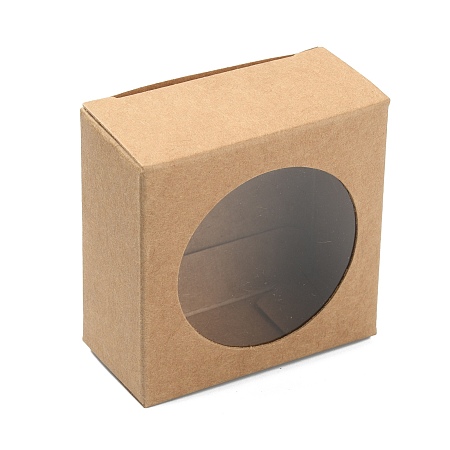 NBEADS Kraft Paper Gift Box, Folding Box with Window, Rectangle, Tan, Round Pattern, 6.3x6.3x3cm