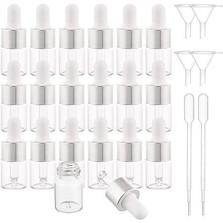 BENECREAT 30 Pack 5ml Clear Glass Dropper Bottle Eye Essential Oil Bottles with Silver Caps, 4PCS Funnel Hopper and 2PCS Pipettes for Essential Oil Perfumes
