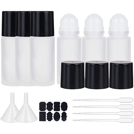 BENECREAT 6 Pack 50ml Frosted Glass Essential Oil Bottle Clear Roller on Bottles with Black Cap, 4PCS Pipettes, 2PCS Hopper and 1 Sheet Label for Essential Oils Perfumes Aromatherapy