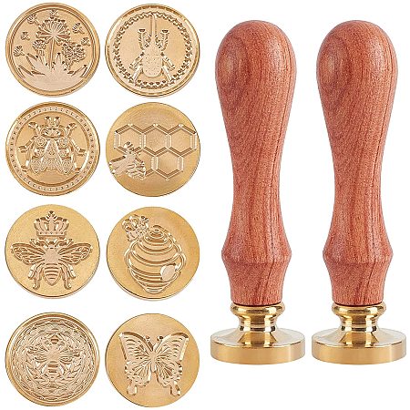 CRASPIRE Wax Seal Stamp Set, 8 Pieces Vintage Sealing Wax Stamps Copper Seals 2 Wooden Handle, Wax Stamp Kit for Wedding Invitations Cards Envelopes Wine Packages-Insect Series