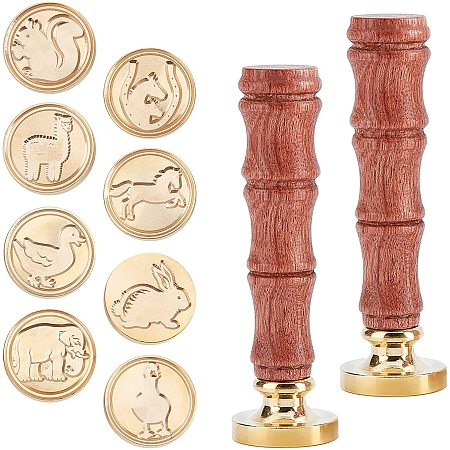 CRASPIRE Wax Seal Stamp Set, 8 Pieces Animal Series Vintage Sealing Wax Stamps Copper Seals 2 Wooden Handle, Wax Stamp Kit for Wedding Invitations Cards Envelopes Wine Packages