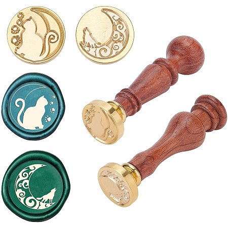 CRASPIRE 2 Pieces Wax Seal Stamps Cat & Wolf 25mm Removable Brass Heads with Wooden Handles for Sealing Wedding Invitation Decoration Cards Birthday Valentine's Day Gift