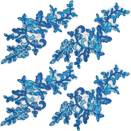GORGECRAFT 4PCS Sequin Embroidered Lace Patches Leaf Flowers Lace Applique Sewing Floral Fabric Craft Decoration Patches for DIY Clothes Dress Pants Sewing Wedding (Dark Blue)