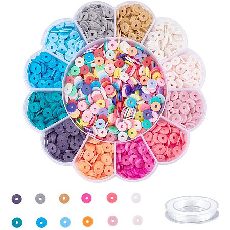 PandaHall Elite 8mm Colorful Bead Kit, Approx 2424pcs Heishi Disc Flat Polymer Clay Beads with 0.8mm Crystal Elastic Thread for Bracelet Craft Supplies