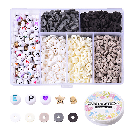 Arricraft 1350Pcs Polymer Clay Beads Kit for DIY Jewelry Making, Including Disc/Flat Round Polymer Clay Beads, Flat Round Acrylic Beads, Star & Cube Arricraft Plastic Beads and Elastic Crystal Thread, Black, Polymer Clay Beads: about 1200pcs/box