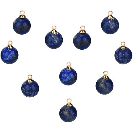 SUNNYCLUE 1 Box 10Pcs Round Natural Gemstone Charms Lapis Lazuli Charm Bead with Golden Brass Loops for Necklaces Bracelets Earring Jewelry Making Starter Supplies, 0.6x0.4inch
