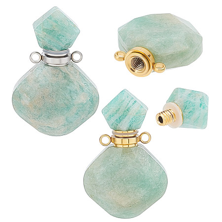 Unicraftale 2Pcs 2 Colors  Rhombus Natural Amazonite Perfume Bottle Pendants, with 304 Stainless Steel Findings, Faceted, Golden & Stainless Steel Color, 26~27x17~17.5x8~8.5mm, Hole: 1.4mm, Capacity: about 2ml(0.06 fl. oz), 1pc/color