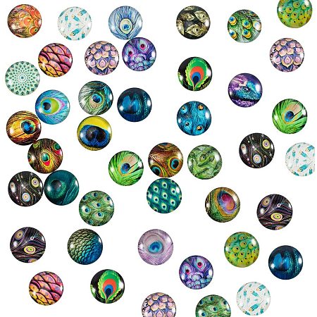 PH PandaHall 70pcs 70 Styles Peacock Feathers Glass Cabochons Half Round Tiles Embellishments 25mm Feather Glass Cabochons Dome Gems for Halloween Pendant Jewelry Making Handcrafts Scrapbooking