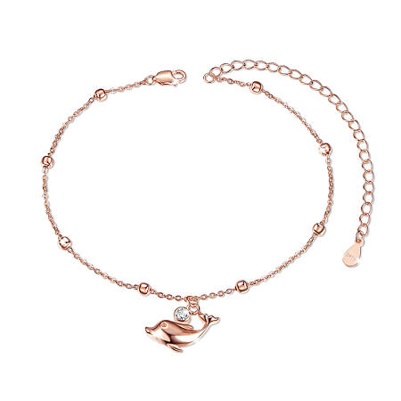 Arricraft 925 Sterling Silver Charm Anklets, with Grade AAA Cubic Zirconia, Cable Chains and Round Beads, Dolphin, Rose Gold, 39451 inch(21cm)