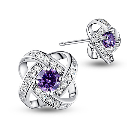 SHEGRACE Awesome Design 925 Sterling Silver Ear Studs, with Micro Pave AAA Cubic Zirconia Flower, Violet, 10mm, Pin: 0.7mm