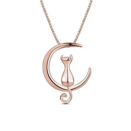 SWEETIEE 925 Sterling Silver Cat and Moon Collar Necklace Lovely Kitten Pendant Rose Gold
