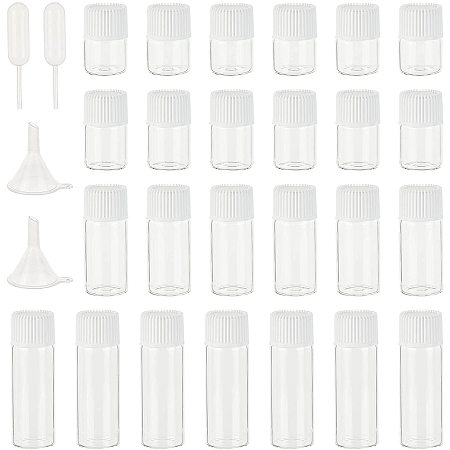 PandaHall Elite 52pcs Bottle Kits, 40pcs Mini Clear Glass Bottle 1/2/3/5ml Vials Sample Jars with White Caps 10pcs Drapper 2pcs Funnel for Sample Liquid Hold Storage Travel Use