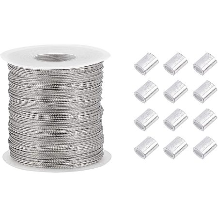 PandaHall Elite 328 Feet/109 Yards 0.8mm Heavy Duty Picture Hanging Wire, 304 Stainless Steel Photo Frame Hanging Wire with 30 pcs Aluminum Crimping Loop Sleeve for Mirrors Frames, Load Capacity 25.3LB