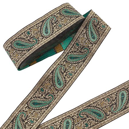 NBEADS Ethnic Embroidery Polyester Flat Ribbons, Jacquard Ribbon, Floral Pattern, Green, 2 inch(50mm), about 9.84 Yards(9m)/Bundle