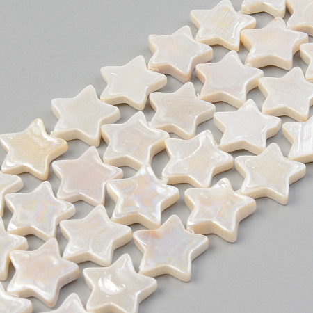 Honeyhandy Electroplate Natural Freshwater Shell Beads Strands, Star, Seashell Color, 15x15.5x3mm, Hole: 0.8mm, about 27pcs/strand, 14.76 inch~14.96 inch(37.5cm~38cm)