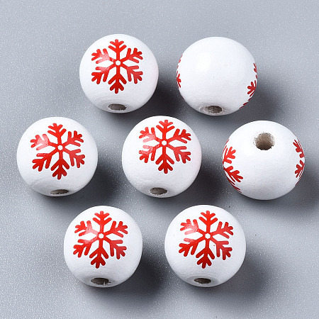 Honeyhandy Painted Natural Wood European Beads, Large Hole Beads, Printed, Christmas, Round with Snowflake, White, 16x15mm, Hole: 4mm