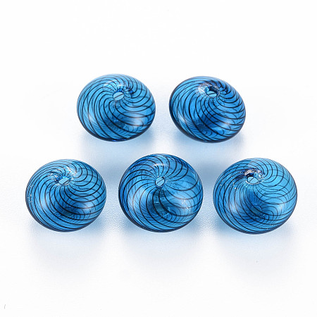 Honeyhandy Transparent Handmade Blown Glass Globe Beads, Stripe Pattern, Flat Round, Dodger Blue, 15.5~17.5x10~12mm, Hole: 1~2mm