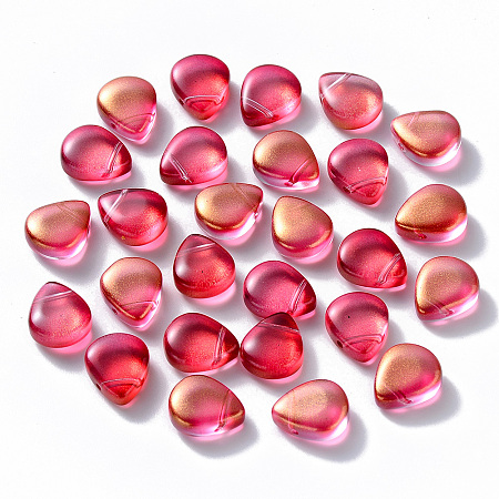 Nbeads Transparent Spray Painted Glass Beads, Top Drilled Beads, with Glitter Powder, Teardrop, Crimson, 12.5x10.5x5.5mm, Hole: 0.9mm