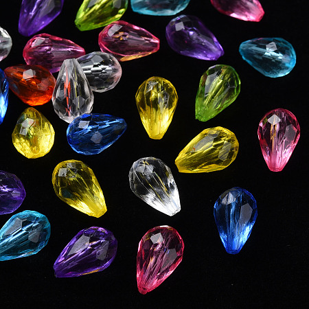 Honeyhandy Transparent Acrylic Beads, Faceted, Teardrop, Mixed Color, 12x8mm, Hole: 1.5mm