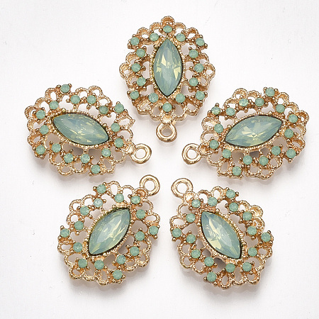 NBEADS Alloy Pendants, with Resin Rhinestone, Oval, Light Gold, DarkSeaGreen, 27x19.5x4.5mm, Hole: 1.8mm