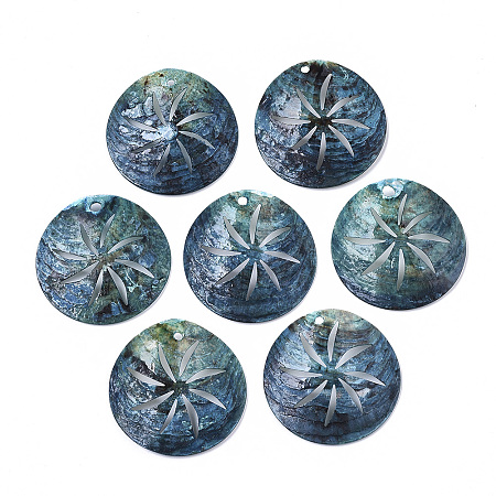 NBEADS Natural Akoya Shell Pendants, Mother of Pearl Shell Pendants, Dyed, Flat Round, LightSeaGreen, 33x5~7mm, Hole: 1.6~2mm