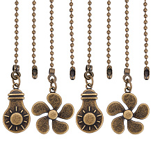 GORGECRAFT Tibetan Style Alloy Ceiling Fan Pull Chain Extenders, Flower & Light Bulb Pendant Decoration, with Iron Ball Chains, Bead Tips, Antique Bronze, 350~355mm, 2pcs/set