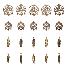 PandaHall Elite 40 Pieces Tibetan Style Dreamcatcher Charms 80 Pieces Feather Pendants, Antique Bronze