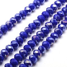 Honeyhandy Electroplate Opaque Solid Color Crystal Glass Rondelle Beads Strands, Faceted, AB Color Plated, Blue, 10x7mm, Hole: 1mm, about 70pcs/strand, 20 inch