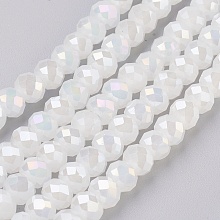 Honeyhandy Electroplate Glass Beads Strands, Imitation Jade Glass, AB color Plated, Faceted, Rondelle, White, 6x4~5mm, Hole: 0.8~1mm, about 88~92pcs/strand, 15.5 inch~16 inch(39~45cm)