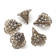 Honeyhandy Brass Fancy Bead Caps, Filigree, Flower, 3-Petal, Antique Bronze Color, about 24mm wide, 29mm wide, hole: 1.2mm