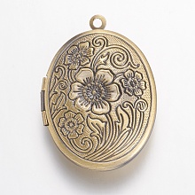 Honeyhandy Brass Locket Pendants, Oval with Flower, Brushed Antique Bronze, 33x23.5x7mm, Hole: 1.5mm