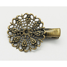 Honeyhandy Iron Alligator Hair Clip Findings, with Brass Filigree Flower Tray, Antique Bronze, 35x25x10mm