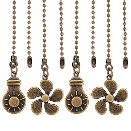 GORGECRAFT Tibetan Style Alloy Ceiling Fan Pull Chain Extenders, Flower & Light Bulb Pendant Decoration, with Iron Ball Chains, Bead Tips, Antique Bronze, 350~355mm, 2pcs/set