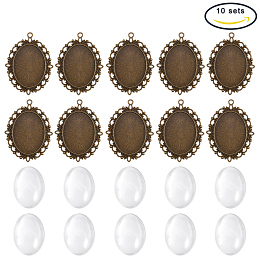 PandaHall Elite 10 Sets 40x30mm Oval Clear Glass Cabochon Cover with Antique Bronze Tibetan Style Pendant Cabochon Settings for DIY