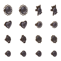 PandaHall Elite 28pcs 7 Styles Finger Ring Cabochon Bezel Settings and 28pcs Clear Glass Dome Cabochons for DIY Ring Making, Antique Bronze