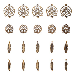 PandaHall Elite 40 Pieces Tibetan Style Dreamcatcher Charms 80 Pieces Feather Pendants, Antique Bronze