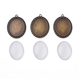 Honeyhandy DIY Pendant Making, with Tibetan Style Alloy Pendant Cabochon Settings and Transparent Glass Cabochons, Oval, Antique Bronze, Cabochons: 40x30x7~9mm, Settings: 54.5x40x2mm, Hole: 3mm, 2pcs/set