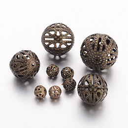 Honeyhandy Iron Filigree Beads, Filigree Ball, Nickel Free, Round, Antique Bronze Color, Size: about 6~16mm in diameter, 6~15mm thick, hole: 1~6mm, about 200g/bag