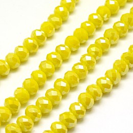 Honeyhandy Electroplate Opaque Solid Color Crystal Glass Rondelle Beads Strands, Faceted, AB Color Plated, Yellow, 10x7mm, Hole: 1mm, about 70pcs/strand, 20 inch