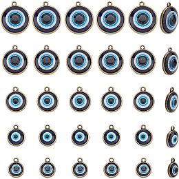 Arricraft 30 Pcs Evils Eye Charms, 5 Different Sizes Antique Bronze Evils Eye Charms Flat Round Plastic Beads with Alloy Findings for Women DIY Bracelet Jewelry Making