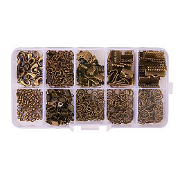 PandaHall Elite About 440Pcs Jewelry Findings Sets with Fold Over Crimp Ends Ribbon Ends Twist Chains and Brass Lobster Claw Clasps Antique Bronze