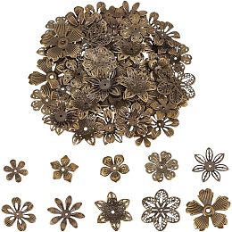 PandaHall Elite 200pcs Flower Spacer Beads, 10 Styles Iron Flower Bead Cap Filigree Tibetan End Caps for DIY Earrings Bracekets Necklace Jewelry Craft Making Supplies, Antique Bronze