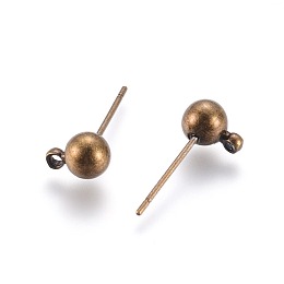 Honeyhandy Brass Ball Post Ear Studs, with Loop, Antique Bronze, 15.2~15.7x5mm, Hole: 1mm, Pin: 0.7mm