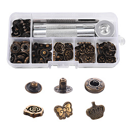 Honeyhandy 18 Sets Crown & Bowknot & Rose Flower Brass Leather Snap Buttons Fastener Kits, Including 1 Set 45# Steel Hole Punch Tool, 1Pc 45# Steel Round Base, Antique Bronze, Buttons: 18sets