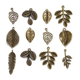 Honeyhandy Mixed Style Tibetan Style Alloy Leaf Pendants, Antique Bronze, 19~47x10~26x2~4mm, Hole: 2~4mm, about 50pcs/100g