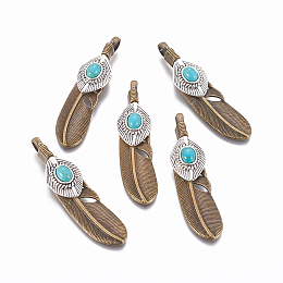 Honeyhandy Tibetan Style Alloy Big Pendants, with Synthetic Turquoise, Feather, Antique Bronze, 65x15x8.5mm, Hole: 4x6mm