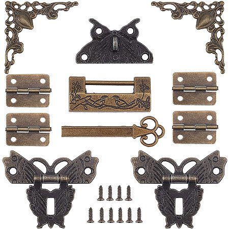 SUPERFINDINGS 1Pcs Antique Bronze Butterfly Cabinet Latches 1Pcs Vintage Padlock with Screws 4Pcs Decorative Cabinet Box Hinge for Cabinet Jewelry Box Gift Box