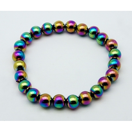 Honeyhandy Round Synthetic Magnetic Hematite Stretch Beaded Bracelets, Colorful, 50mm, Bead: 8mm