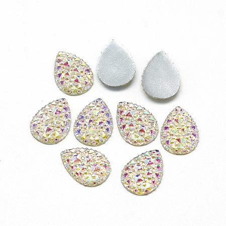 Honeyhandy Resin Cabochons, Bottom Silver Plated, AB Color Plated, teardrop, White, 25x18x3~3.5mm